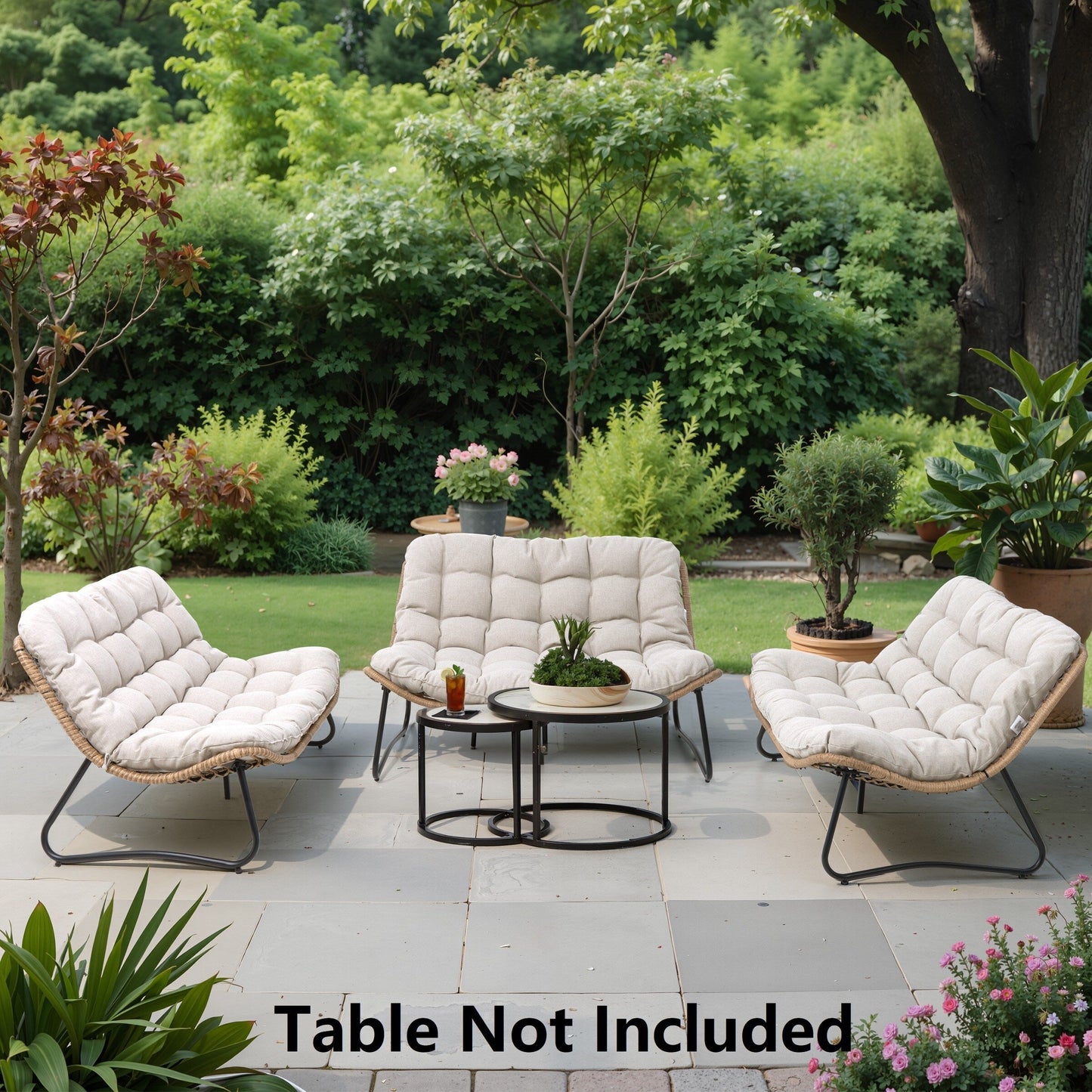 Fauteuil Papasan double avec coussin, rotin synthétique toutes saisons et cadre en métal pour intérieur et extérieur