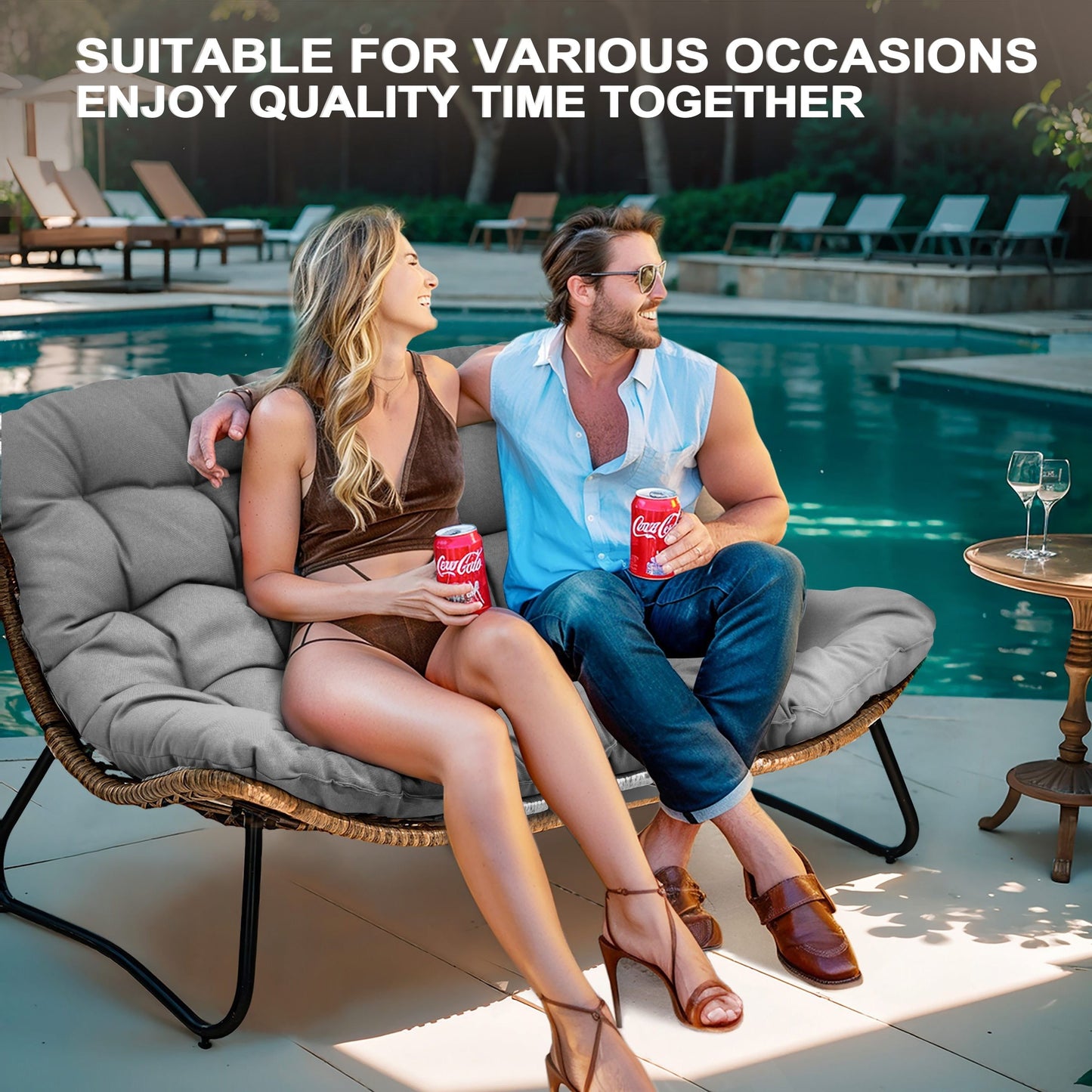 Fauteuil Papasan double avec coussin, rotin synthétique toutes saisons et cadre en métal pour intérieur et extérieur