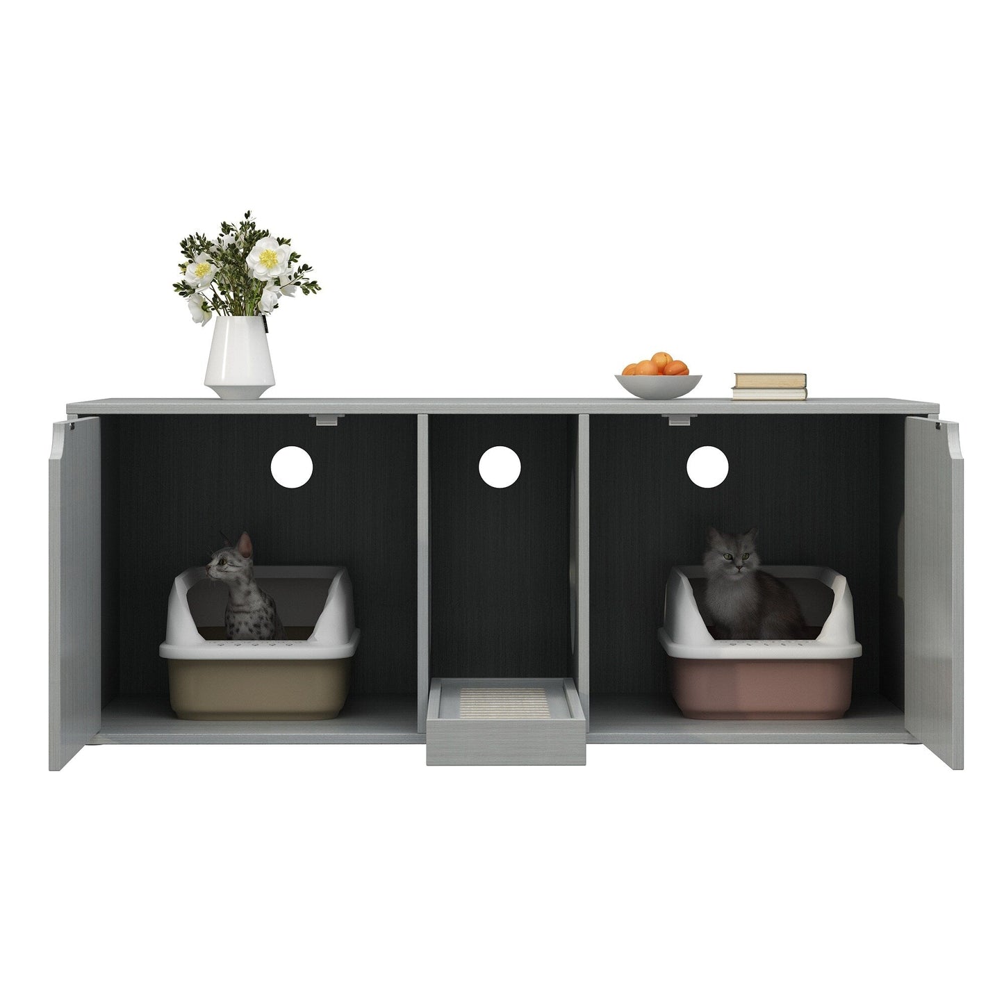 Meuble multifonctionnel pour bac à litière à double compartiment