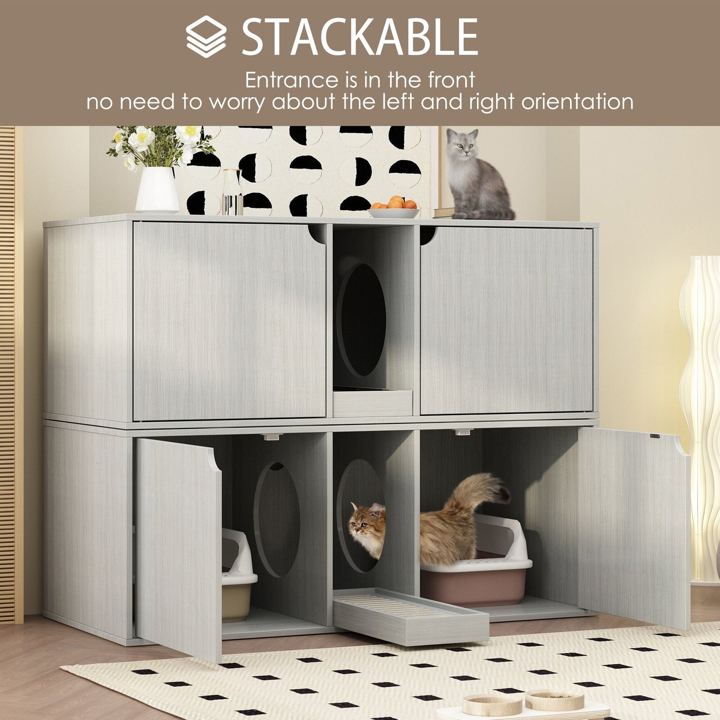 Meuble multifonctionnel pour bac à litière à double compartiment