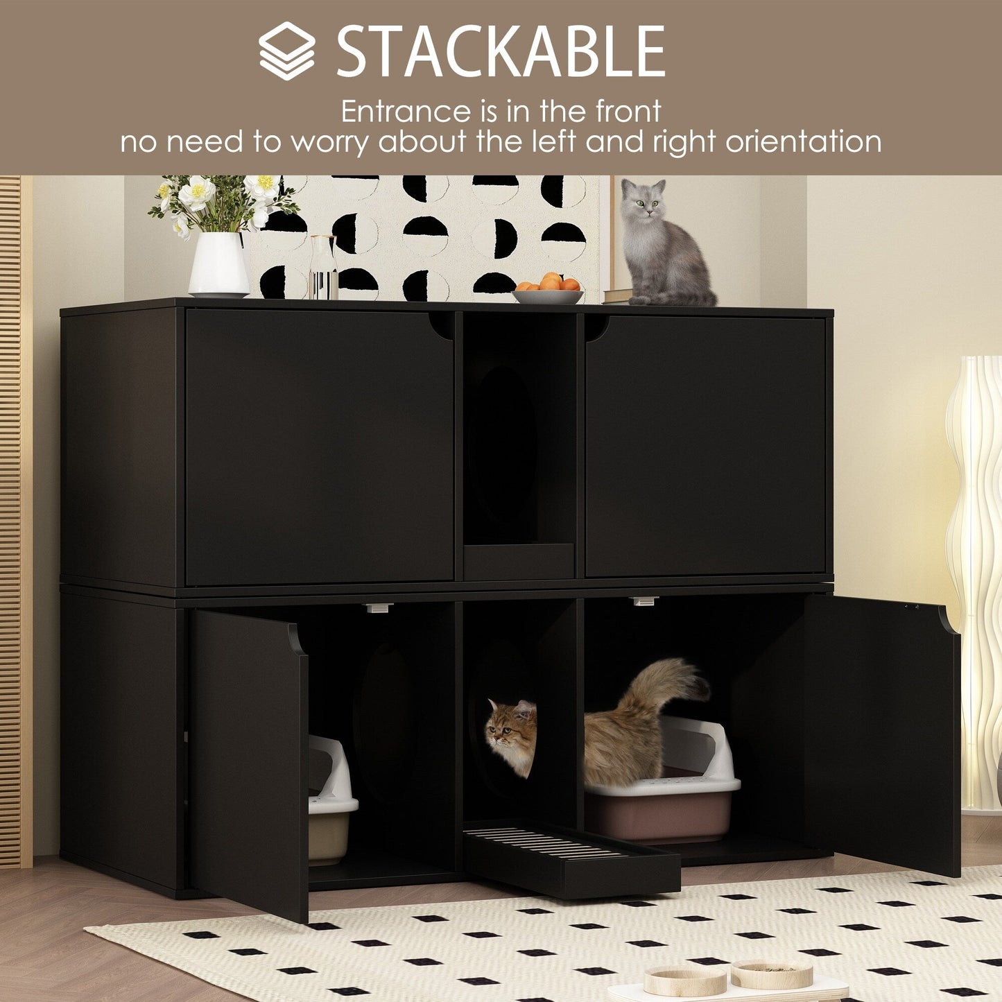 Meuble multifonctionnel pour bac à litière à double compartiment