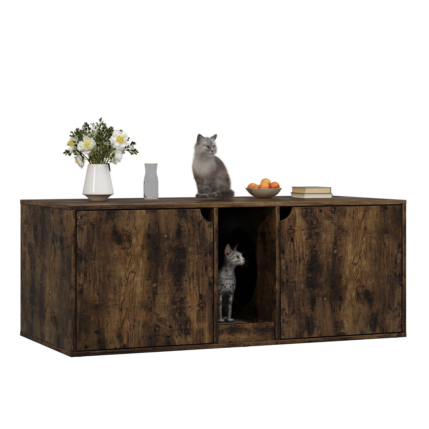 Meuble multifonctionnel pour bac à litière à double compartiment