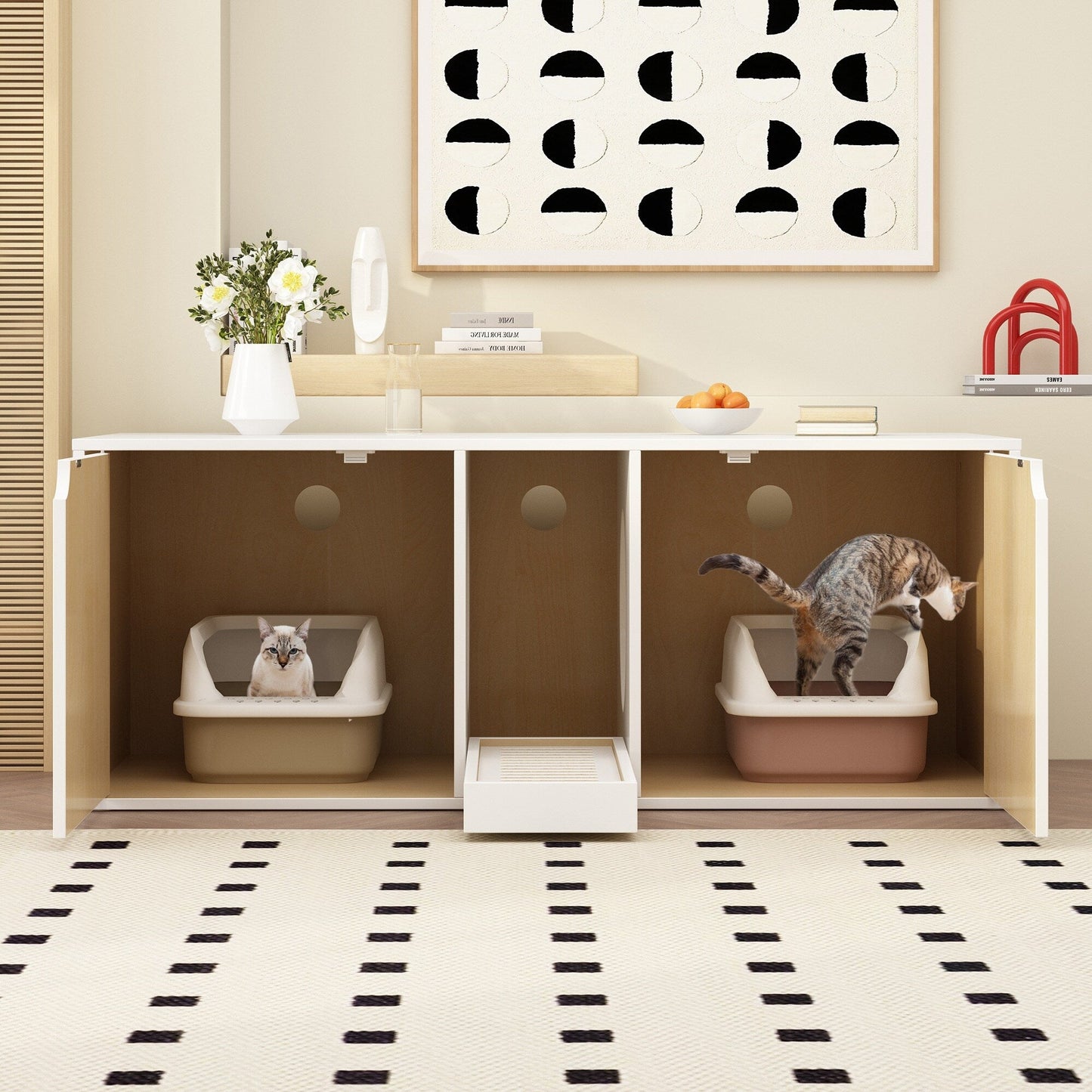 Meuble multifonctionnel pour bac à litière à double compartiment