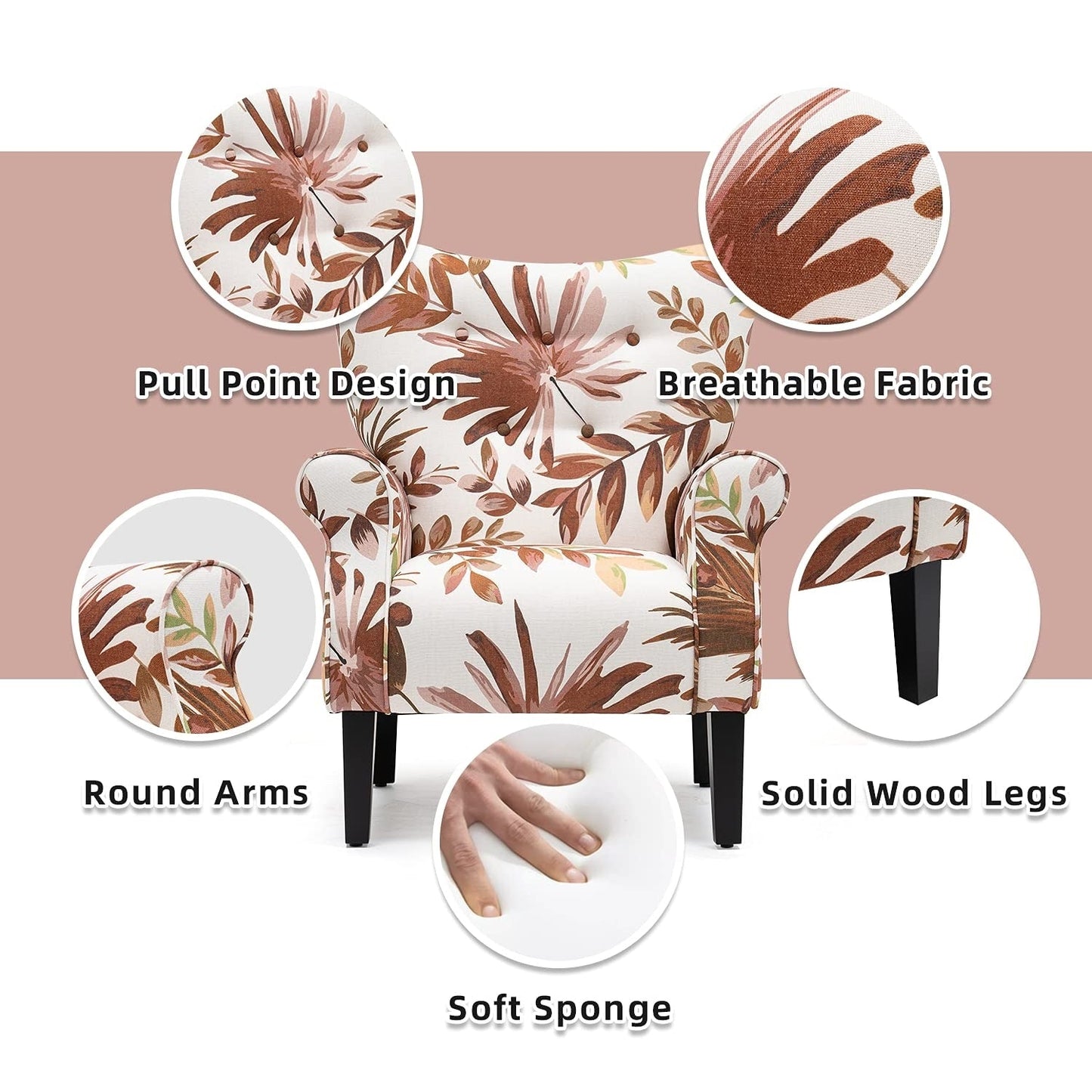 Fauteuil d'appoint moderne Erommy, fauteuil à dossier haut, canapé simple en tissu rembourré avec pieds en bois pour salon