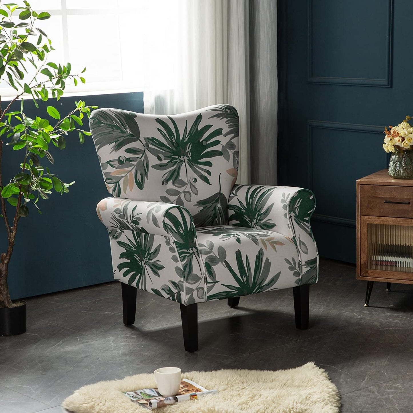 Fauteuil d'appoint moderne Erommy, fauteuil à dossier haut, canapé simple en tissu rembourré avec pieds en bois pour salon
