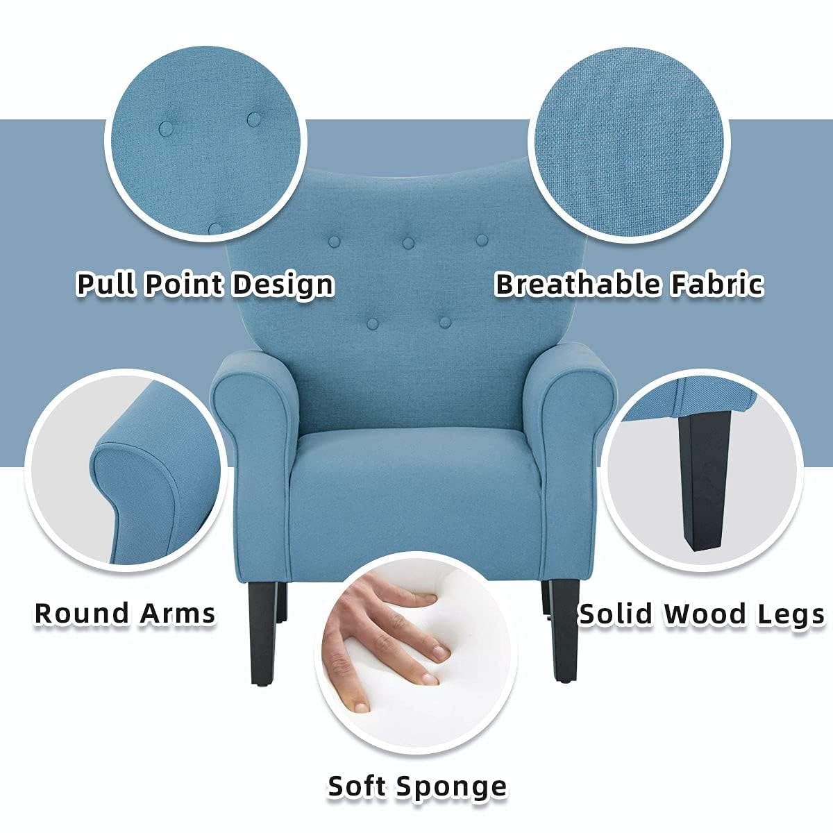 Fauteuil d'appoint moderne Erommy, fauteuil à dossier haut, canapé simple en tissu rembourré avec pieds en bois pour salon