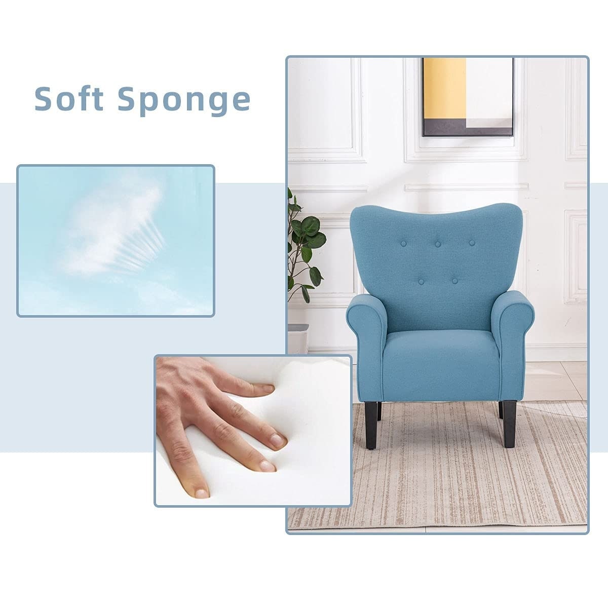 Fauteuil d'appoint moderne Erommy, fauteuil à dossier haut, canapé simple en tissu rembourré avec pieds en bois pour salon