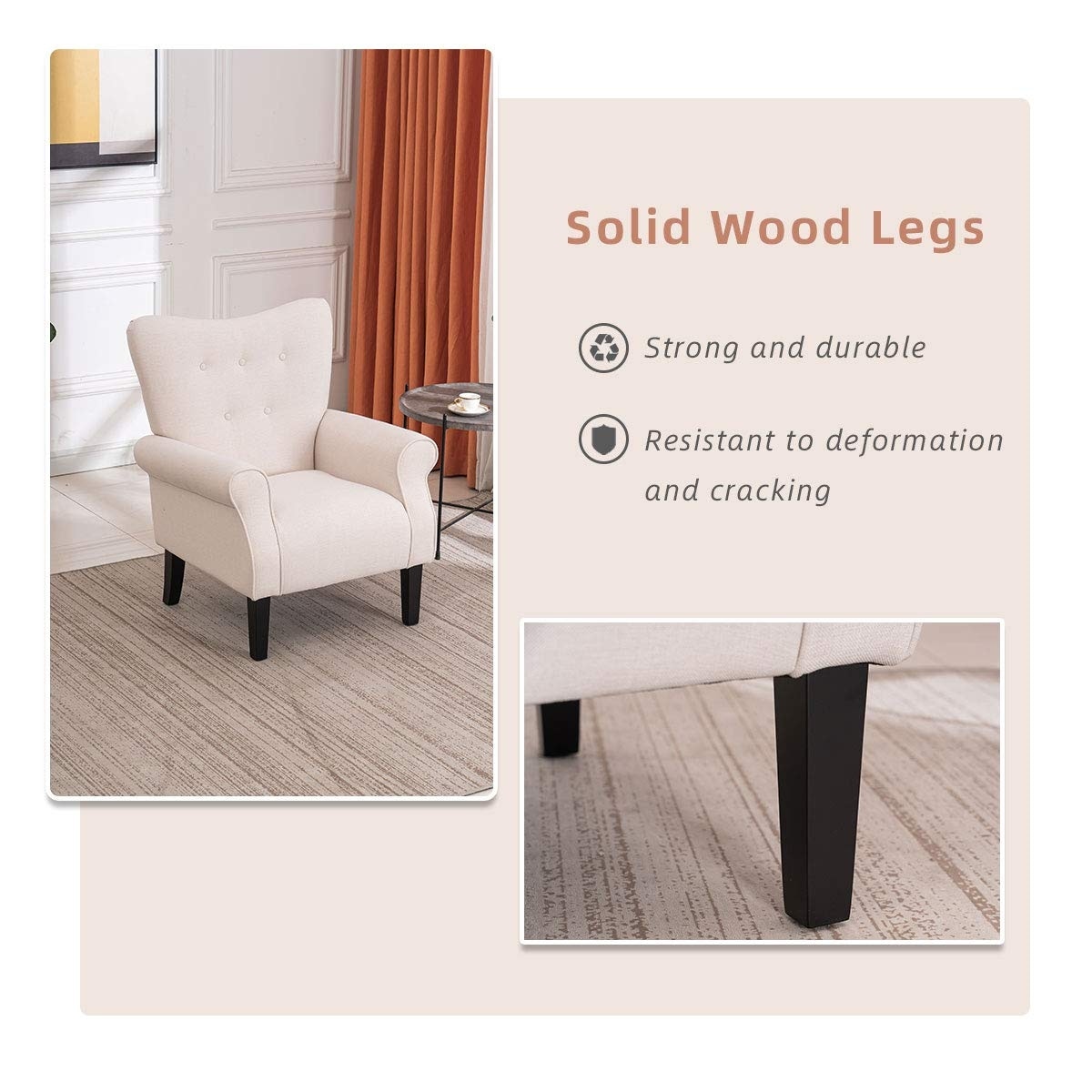 Fauteuil d'appoint moderne Erommy, fauteuil à dossier haut, canapé simple en tissu rembourré avec pieds en bois pour salon