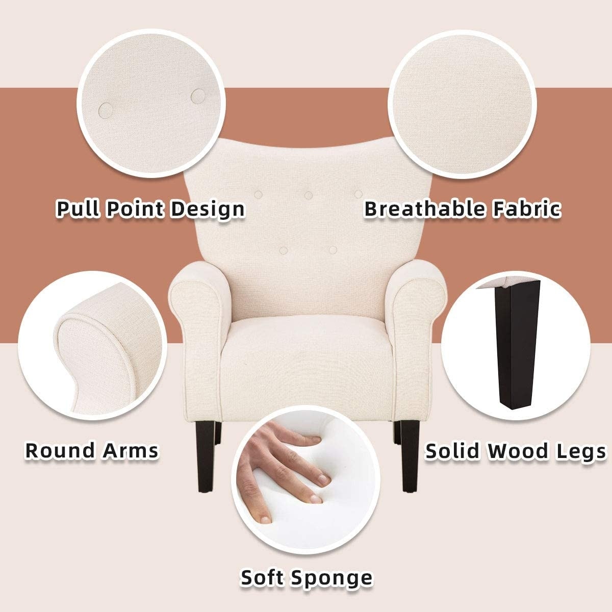 Fauteuil d'appoint moderne Erommy, fauteuil à dossier haut, canapé simple en tissu rembourré avec pieds en bois pour salon