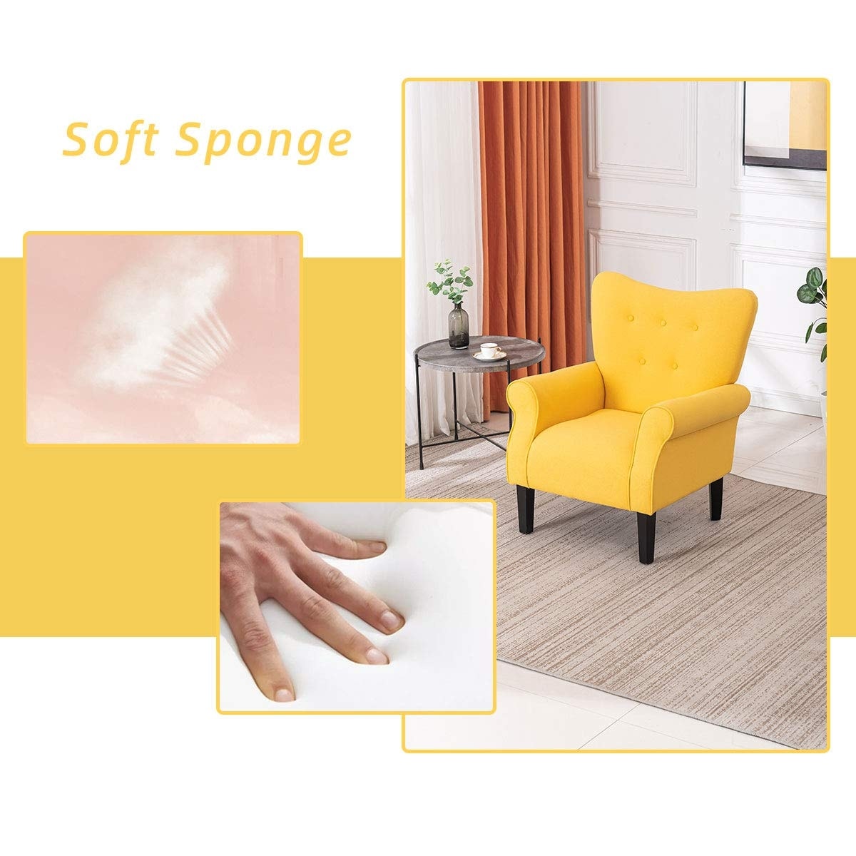 Fauteuil d'appoint moderne Erommy, fauteuil à dossier haut, canapé simple en tissu rembourré avec pieds en bois pour salon