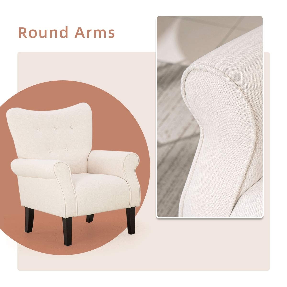 Fauteuil d'appoint moderne Erommy, fauteuil à dossier haut, canapé simple en tissu rembourré avec pieds en bois pour salon