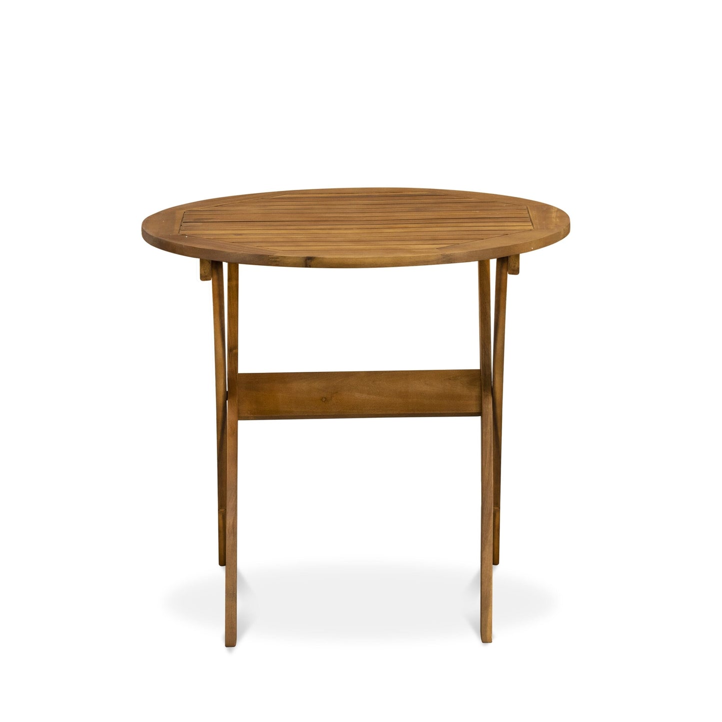 Ensemble de bistrot d'extérieur East West Furniture comprenant une table basse ronde en bois et deux chaises pliantes, huile naturelle