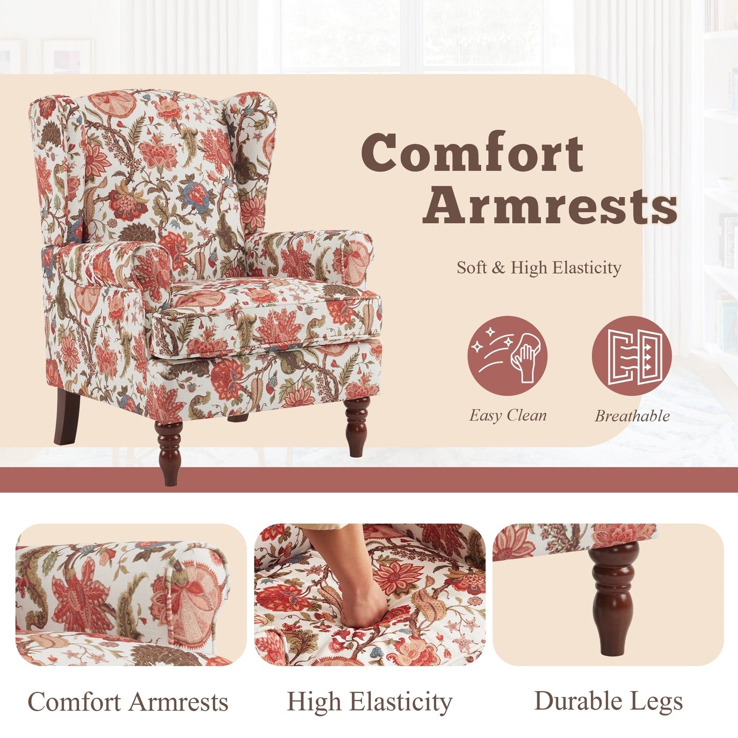 Fauteuil d'appoint moderne Erommy, fauteuil à dossier haut, canapé simple en tissu rembourré avec pieds en bois pour salon