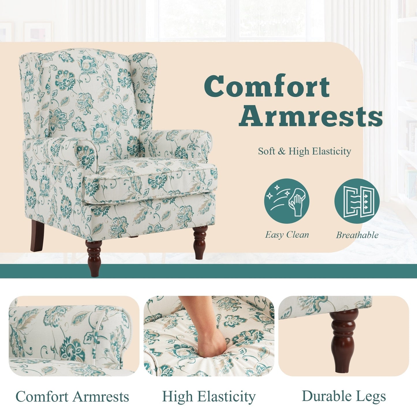 Fauteuil d'appoint moderne Erommy, fauteuil à dossier haut, canapé simple en tissu rembourré avec pieds en bois pour salon