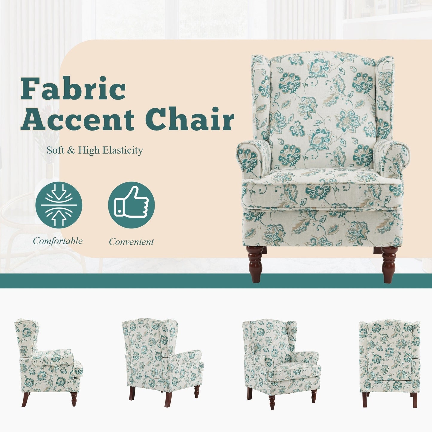 Fauteuil d'appoint moderne Erommy, fauteuil à dossier haut, canapé simple en tissu rembourré avec pieds en bois pour salon