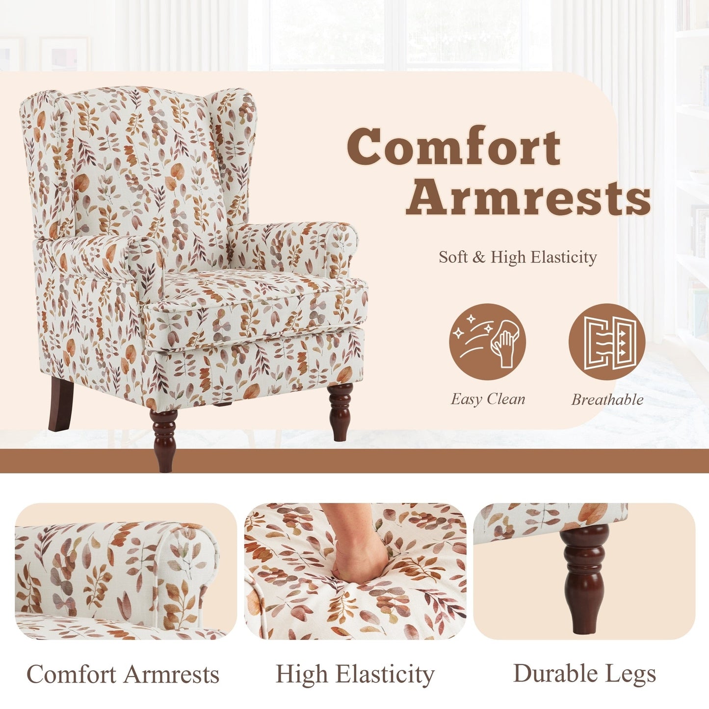 Fauteuil d'appoint moderne Erommy, fauteuil à dossier haut, canapé simple en tissu rembourré avec pieds en bois pour salon