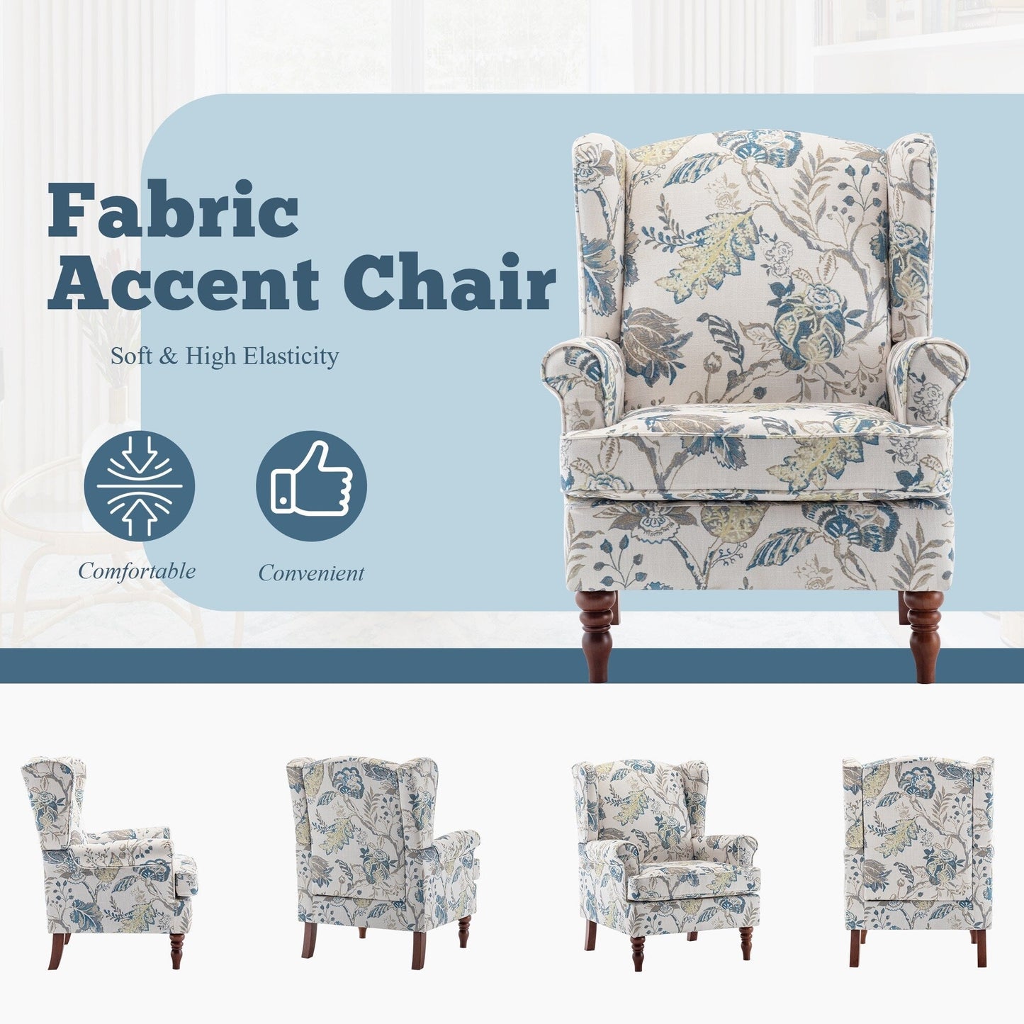 Fauteuil d'appoint moderne Erommy, fauteuil à dossier haut, canapé simple en tissu rembourré avec pieds en bois pour salon