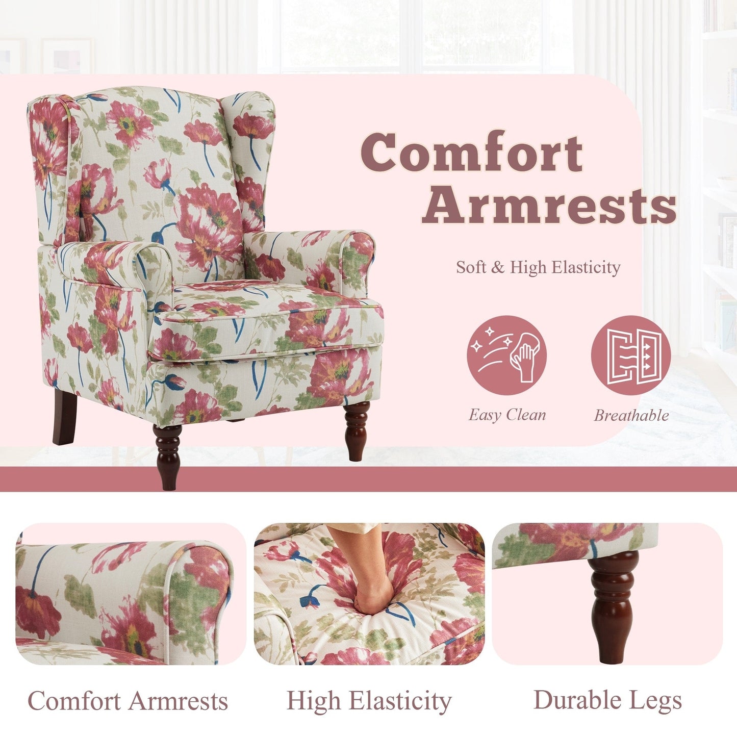 Fauteuil d'appoint moderne Erommy, fauteuil à dossier haut, canapé simple en tissu rembourré avec pieds en bois pour salon