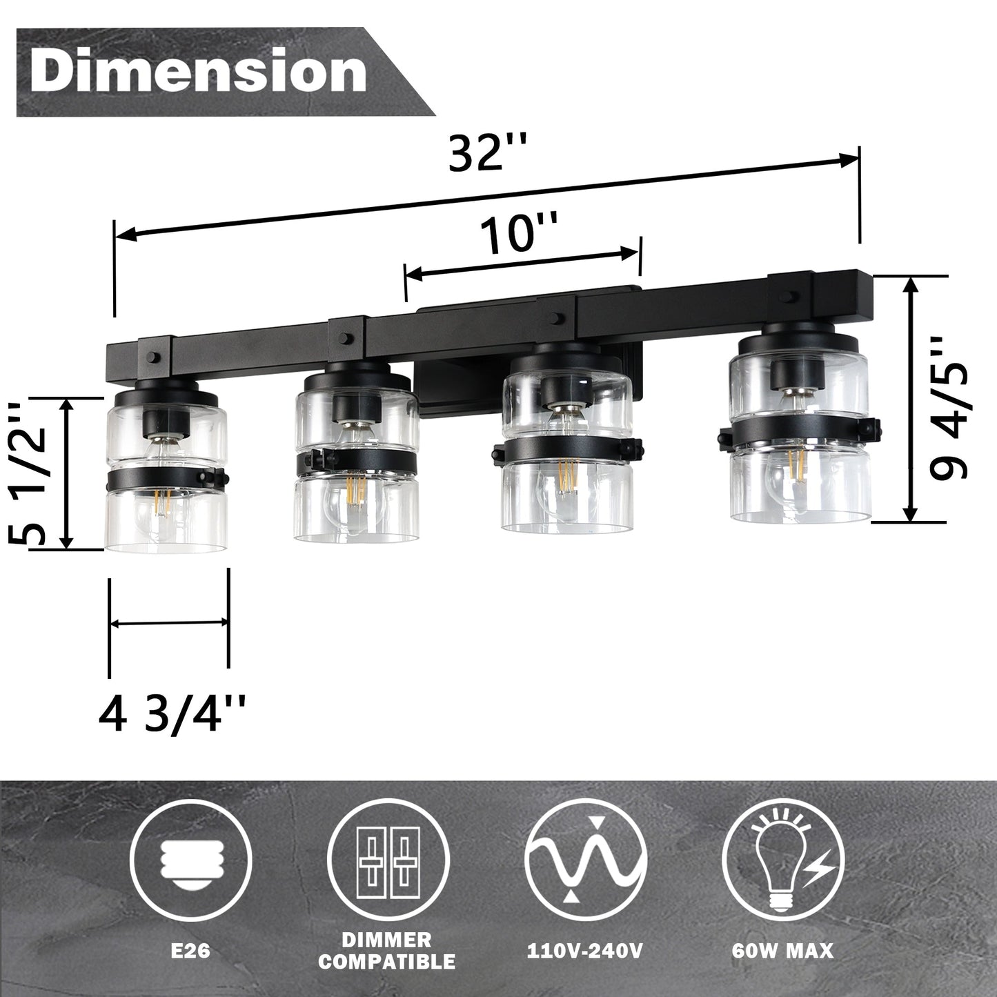 Applique murale de salle de bain ExBrite Farmhouse à 3 lumières, en fer noir, à intensité variable