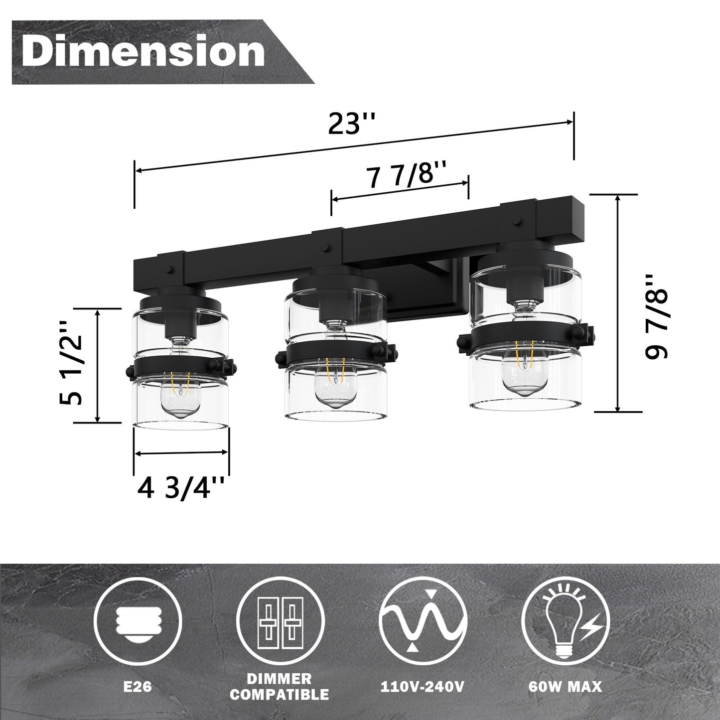 Applique murale de salle de bain ExBrite Farmhouse à 3 lumières, en fer noir, à intensité variable