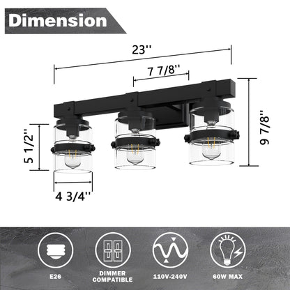Applique murale de salle de bain ExBrite Farmhouse à 3 lumières, en fer noir, à intensité variable