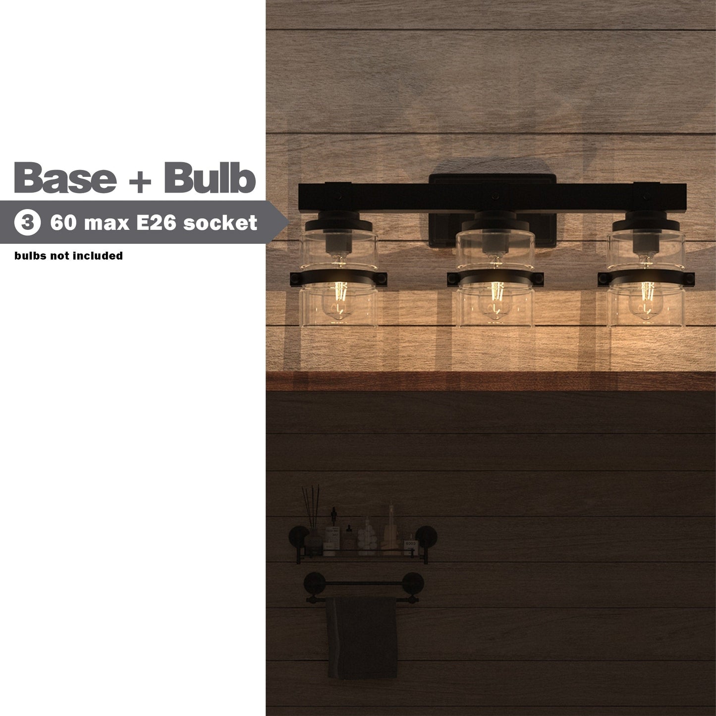 Applique murale de salle de bain ExBrite Farmhouse à 3 lumières, en fer noir, à intensité variable