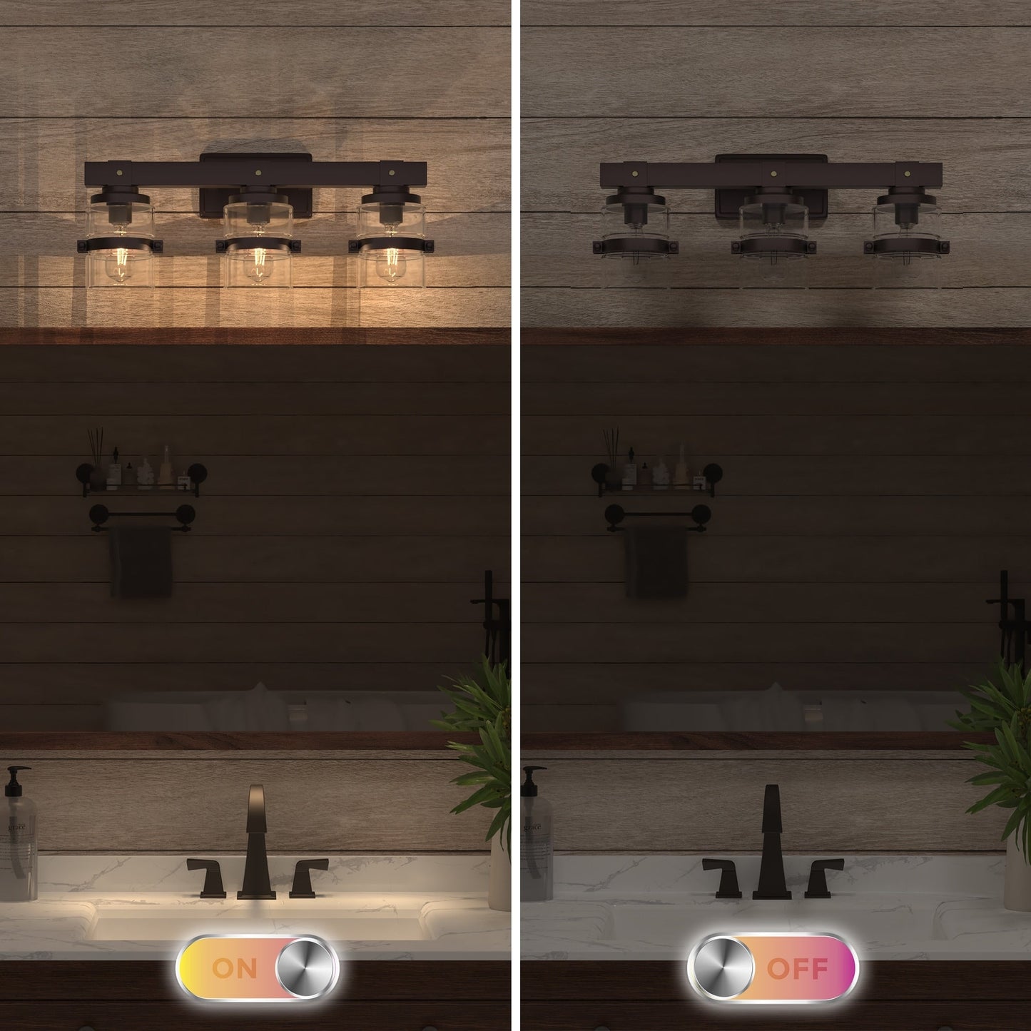 Applique murale de salle de bain ExBrite Farmhouse à 3 lumières, en fer noir, à intensité variable