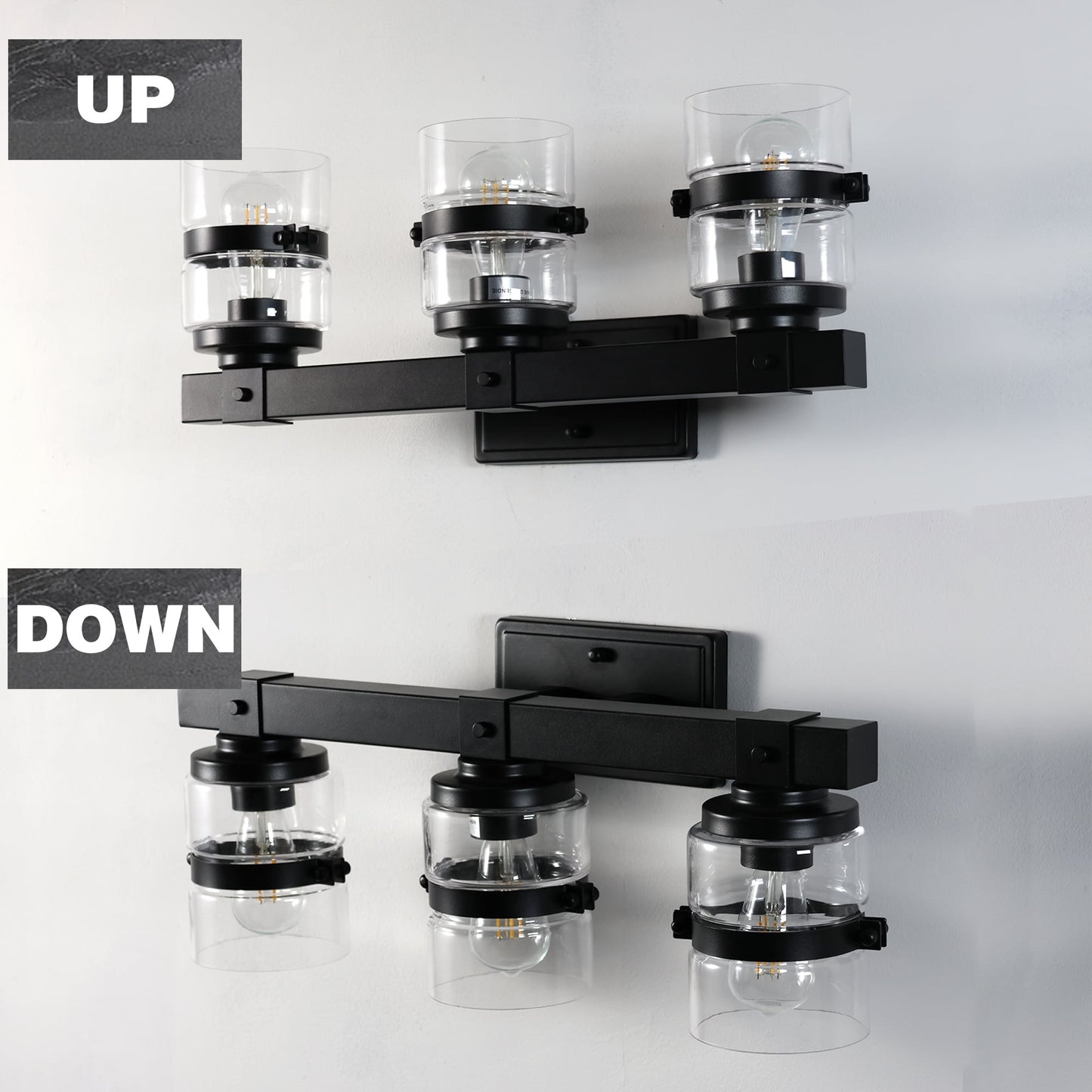 Applique murale de salle de bain ExBrite Farmhouse à 3 lumières, en fer noir, à intensité variable