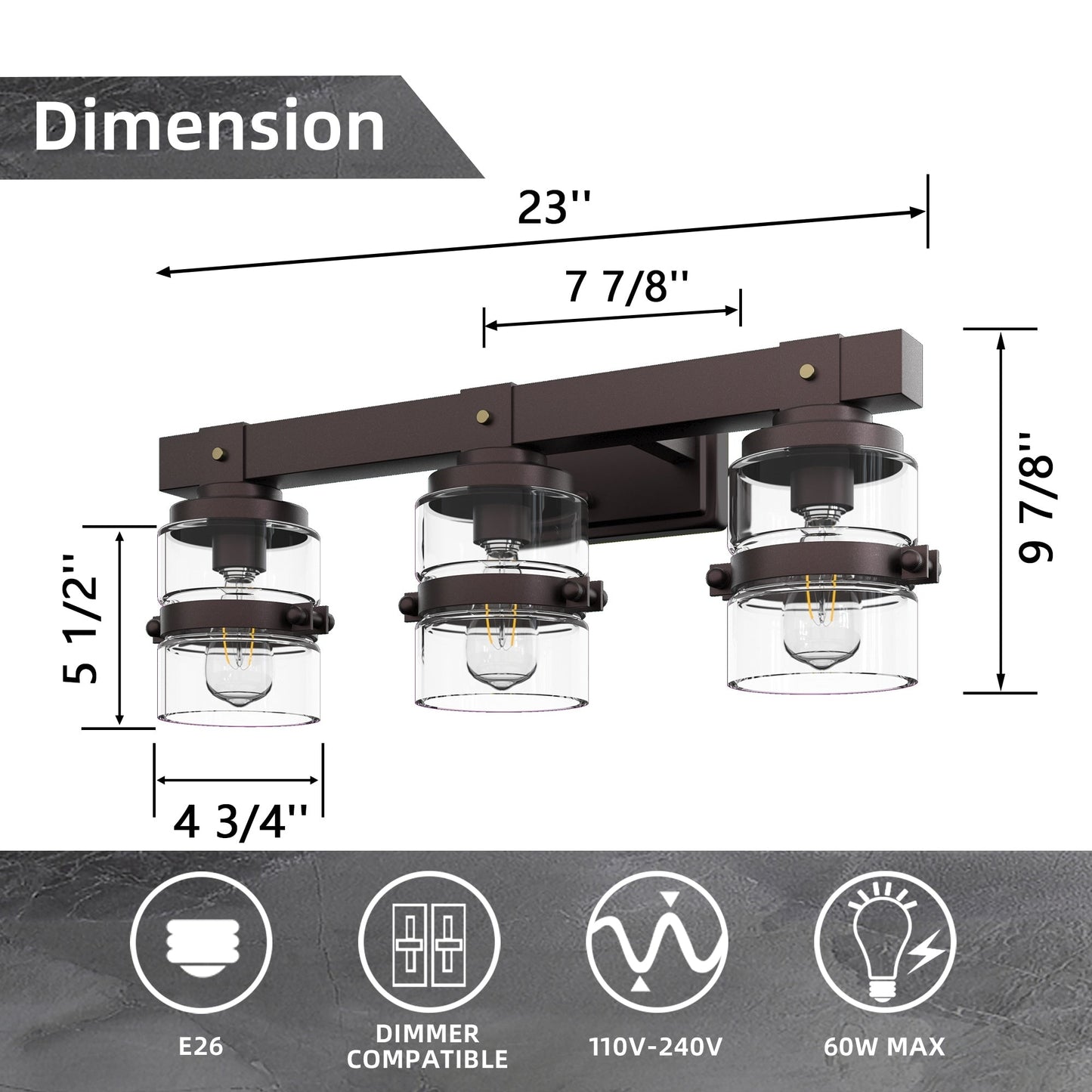 Applique murale de salle de bain ExBrite Farmhouse à 3 lumières, en fer noir, à intensité variable