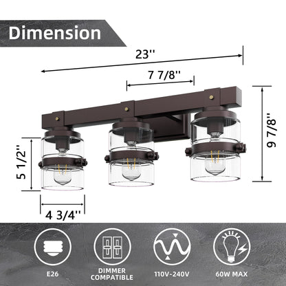 Applique murale de salle de bain ExBrite Farmhouse à 3 lumières, en fer noir, à intensité variable
