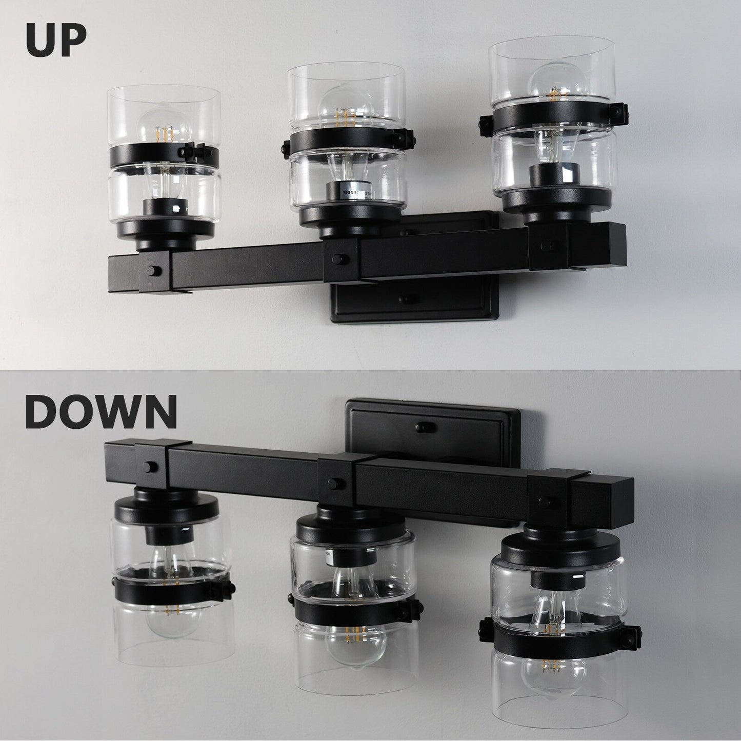 Applique murale de salle de bain ExBrite Farmhouse à 3 lumières, en fer noir, à intensité variable