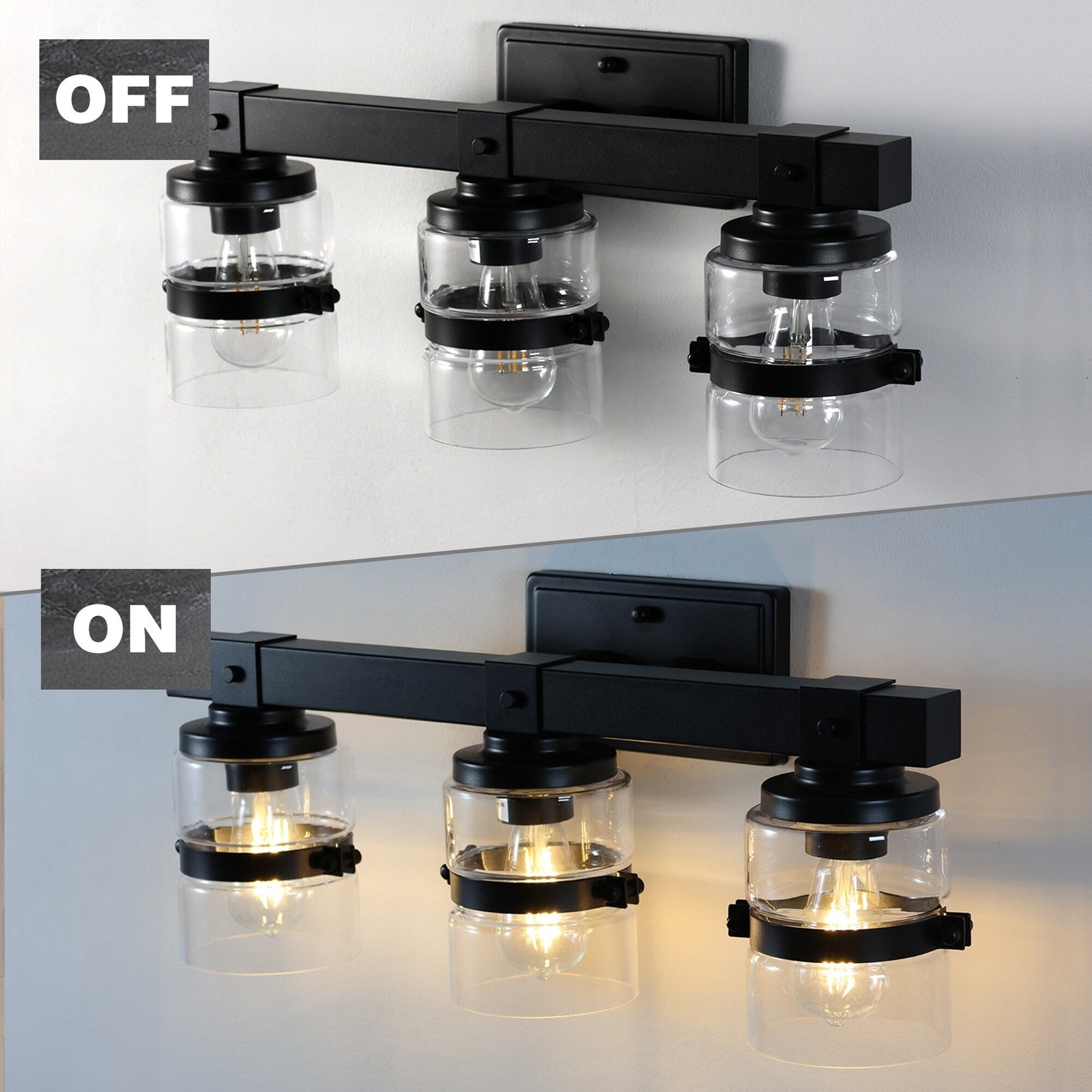 Applique murale de salle de bain ExBrite Farmhouse à 3 lumières, en fer noir, à intensité variable