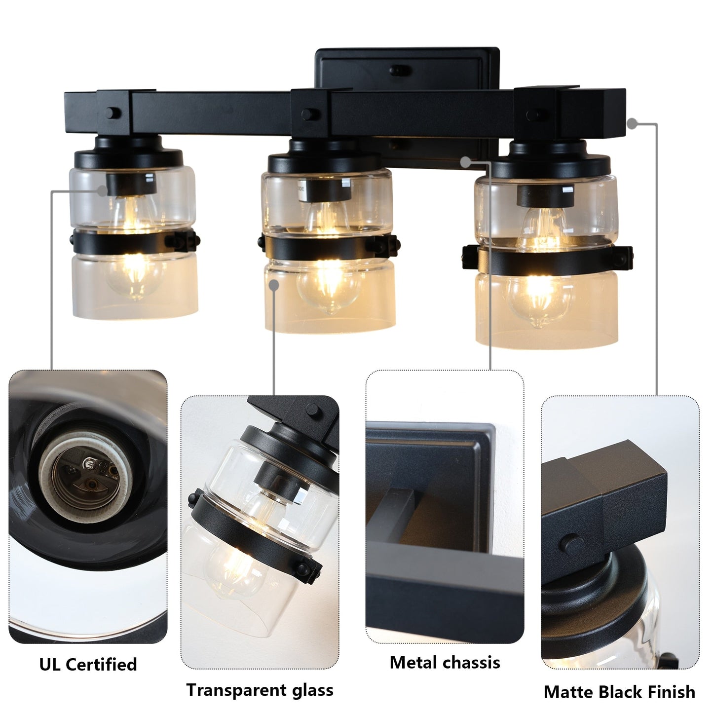 Applique murale de salle de bain ExBrite Farmhouse à 3 lumières, en fer noir, à intensité variable