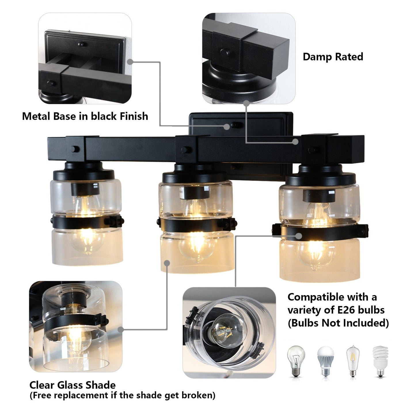 Applique murale de salle de bain ExBrite Farmhouse à 3 lumières, en fer noir, à intensité variable