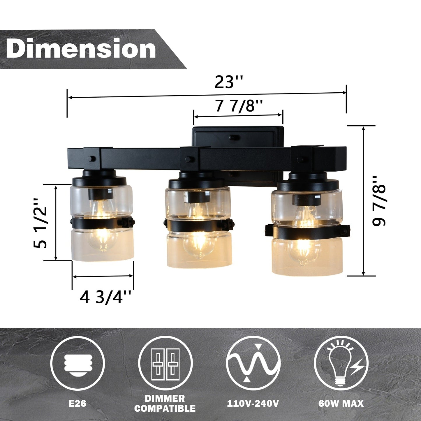 Applique murale de salle de bain ExBrite Farmhouse à 3 lumières, en fer noir, à intensité variable