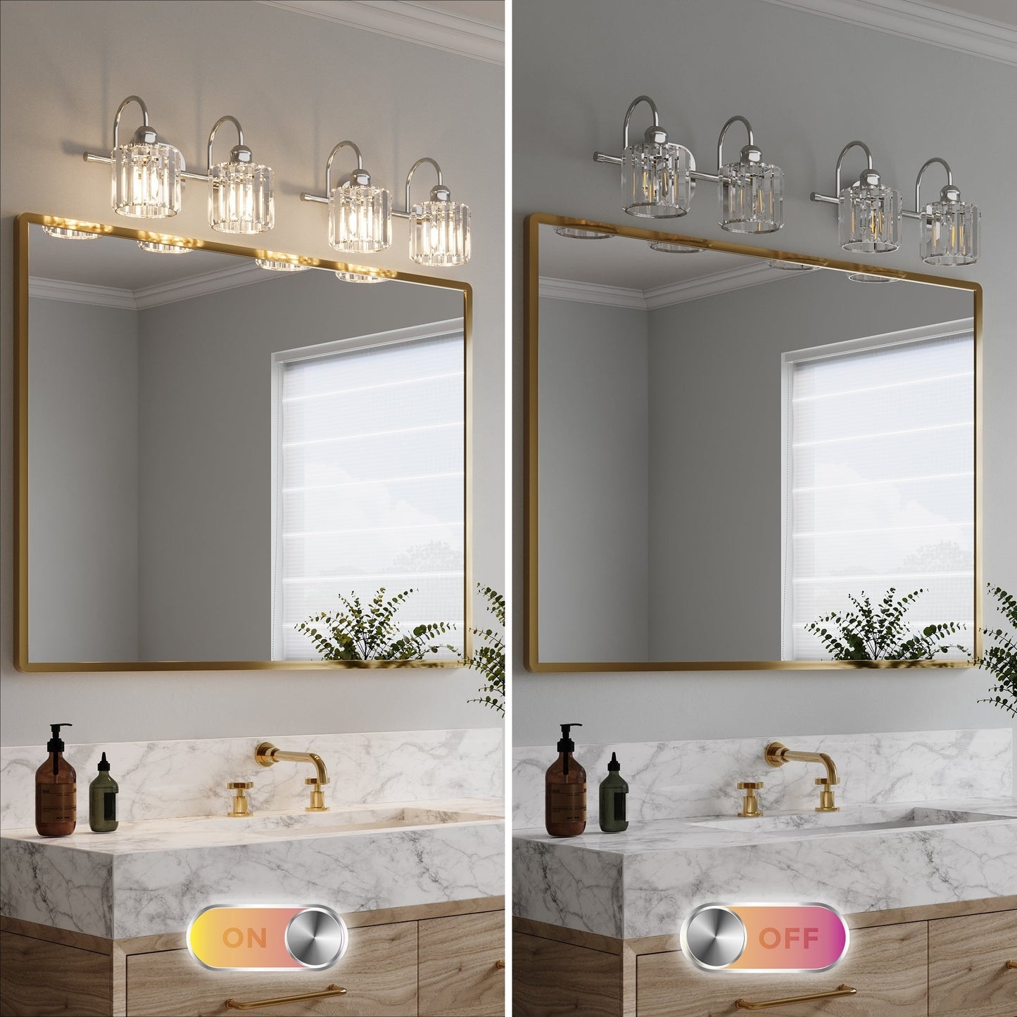 Appliques murales modernes ExBrite en cristal doré rose à 1, 2, 3, 4 ou 5 lumières pour salle de bain, à intensité variable