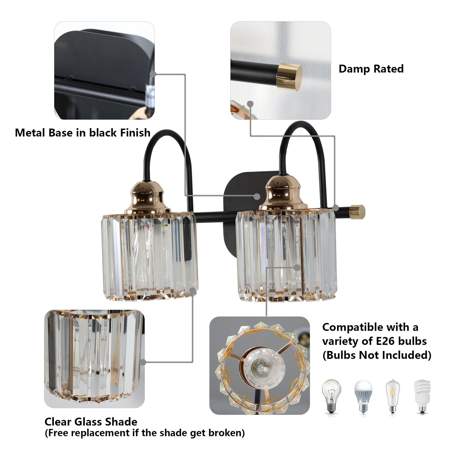 Appliques murales modernes ExBrite en cristal doré rose à 1, 2, 3, 4 ou 5 lumières pour salle de bain, à intensité variable