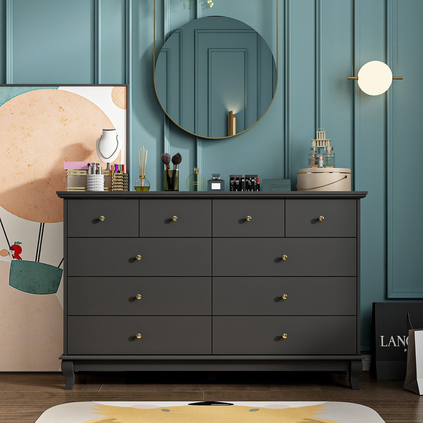 Commode double blanche à 10 tiroirs pour chambre à coucher, grand espace de rangement