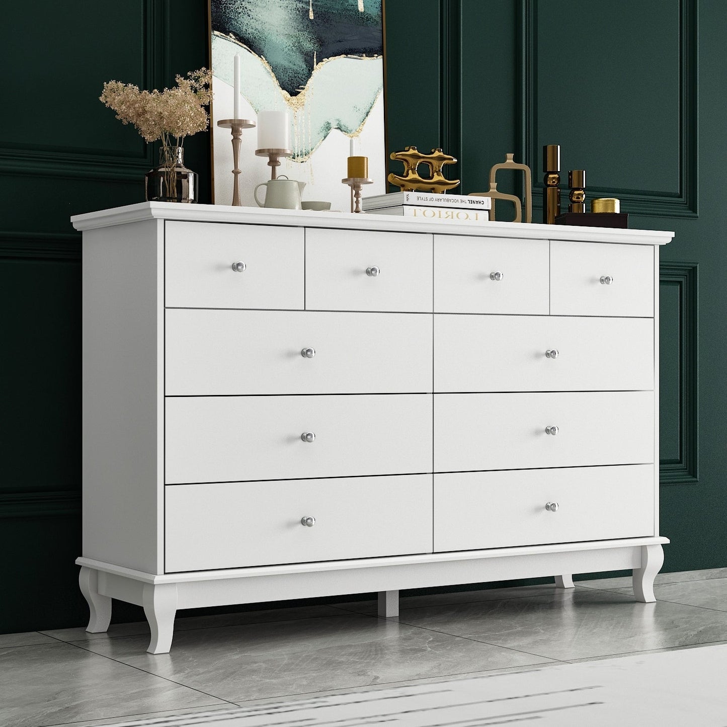 Commode double blanche à 10 tiroirs pour chambre à coucher, grand espace de rangement