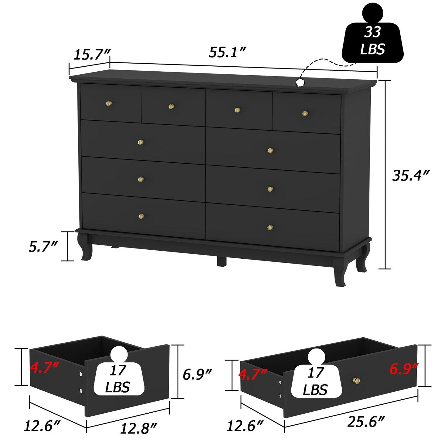 Commode double blanche à 10 tiroirs pour chambre à coucher, grand espace de rangement