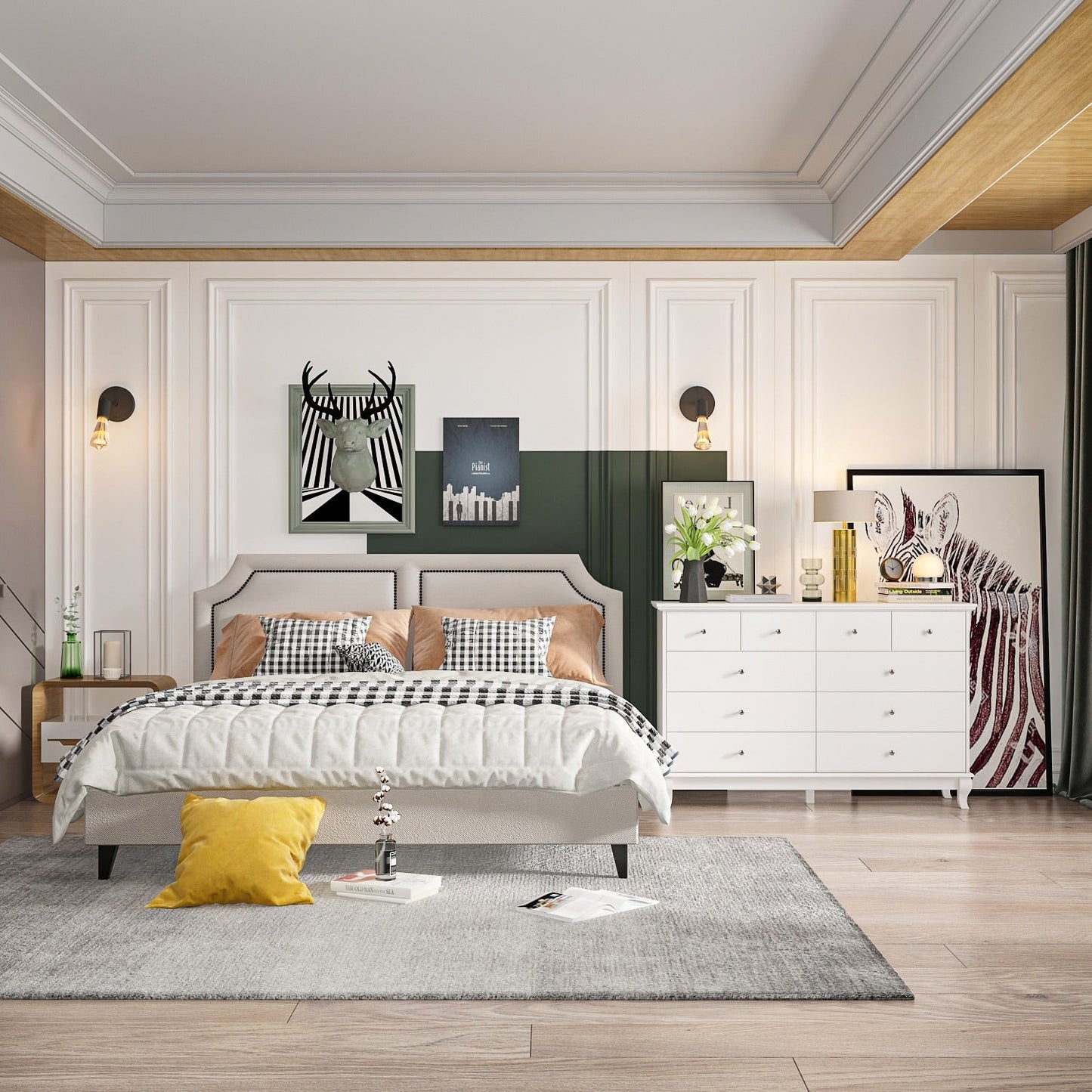 Commode double blanche à 10 tiroirs pour chambre à coucher, grand espace de rangement