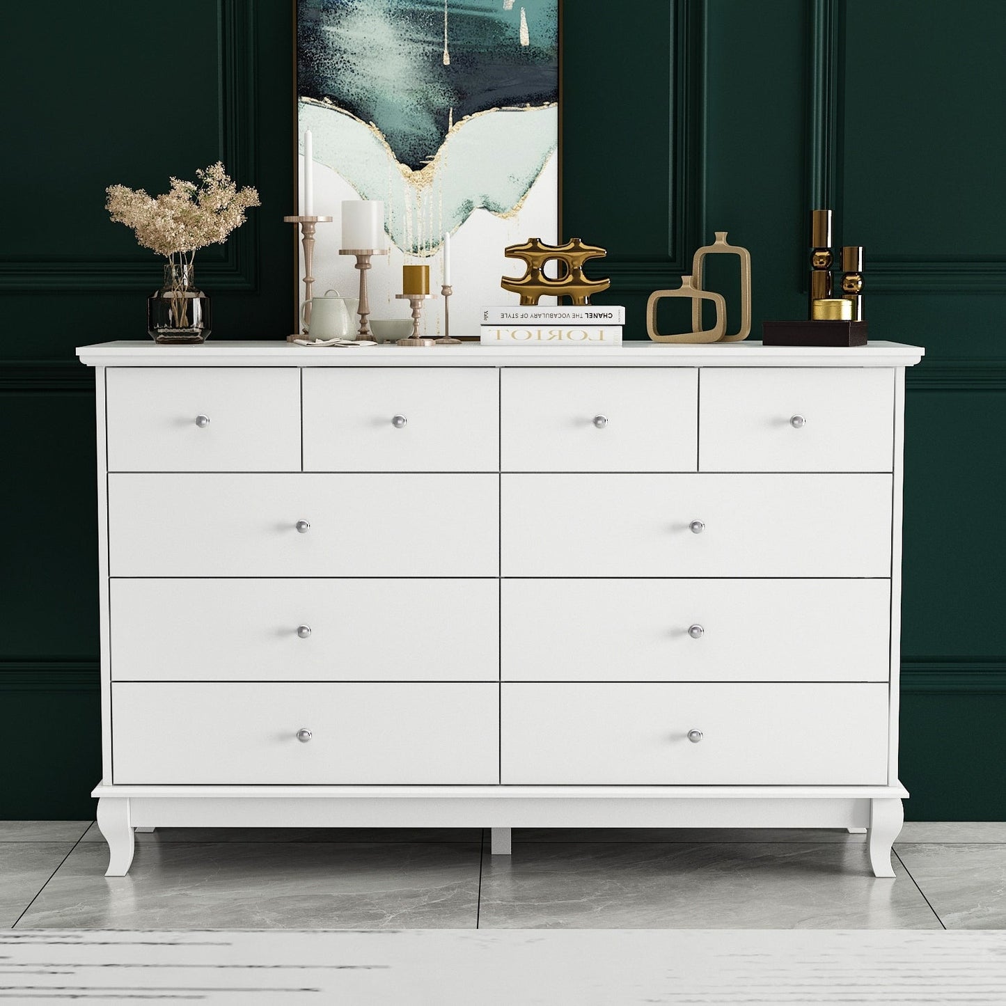 Commode double blanche à 10 tiroirs pour chambre à coucher, grand espace de rangement