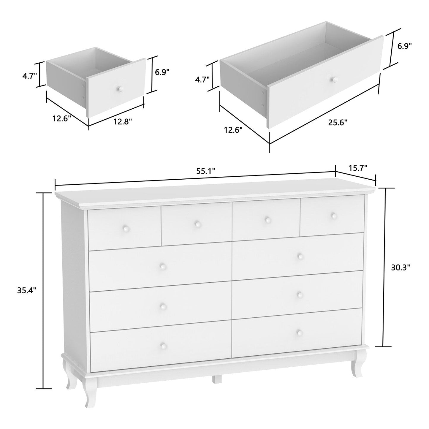 Commode double blanche à 10 tiroirs pour chambre à coucher, grand espace de rangement