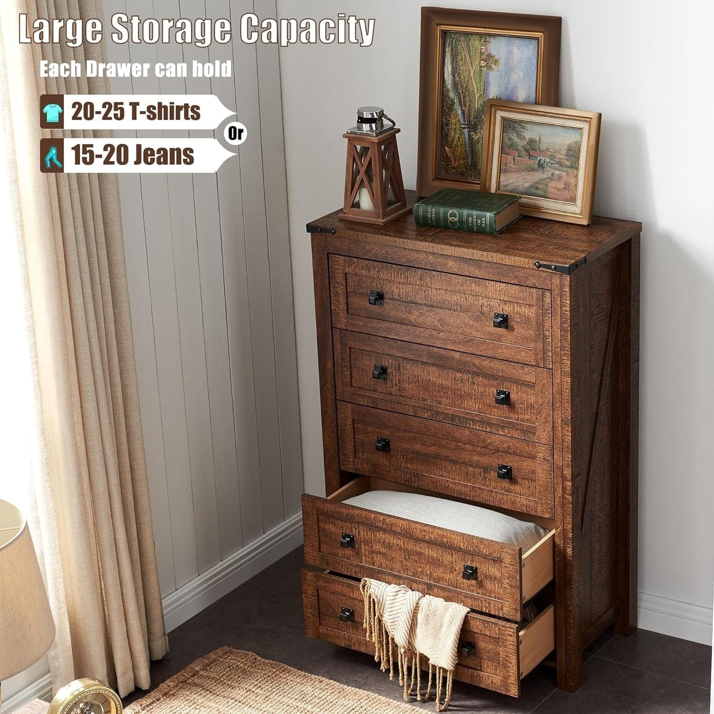 Commode haute en bois à 5 tiroirs de style ferme, idéale pour la chambre à coucher