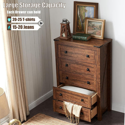 Commode haute en bois à 5 tiroirs de style ferme, idéale pour la chambre à coucher
