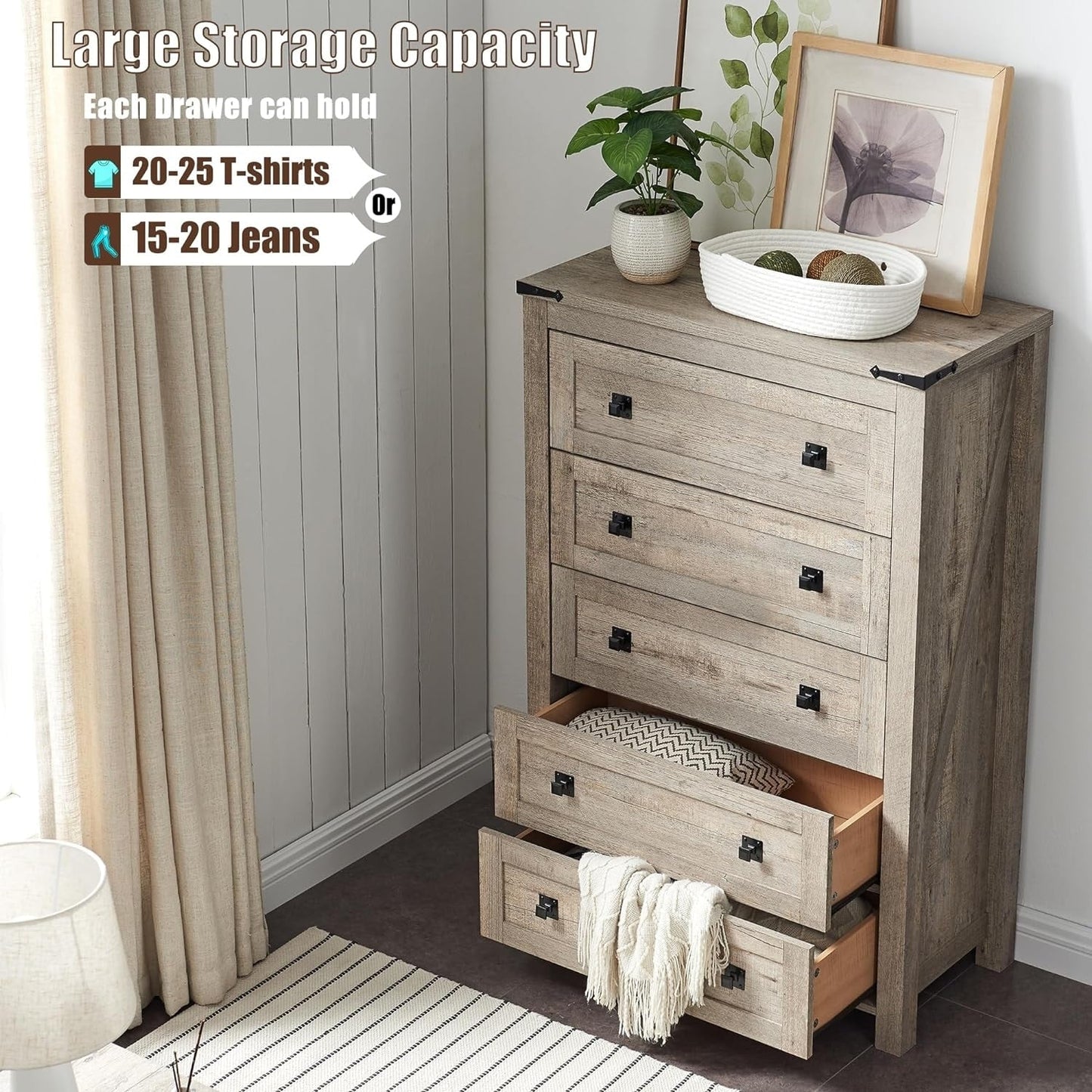 Commode haute en bois à 5 tiroirs de style ferme, idéale pour la chambre à coucher