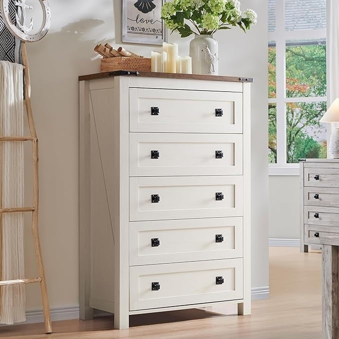 Commode haute en bois à 5 tiroirs de style ferme, idéale pour la chambre à coucher