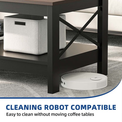 Table basse de style ferme avec rangement, table centrale à 2 niveaux pour le salon