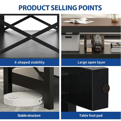 Table basse de style ferme avec rangement, table centrale à 2 niveaux pour le salon