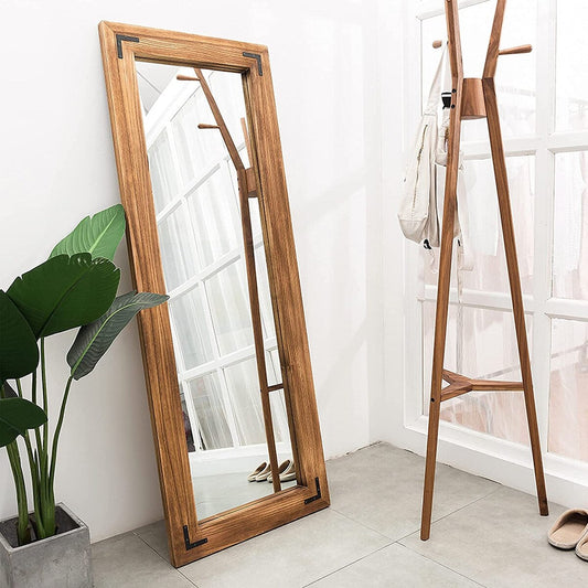 Miroir de sol rustique de style ferme avec cadre en bois - 65 x 24